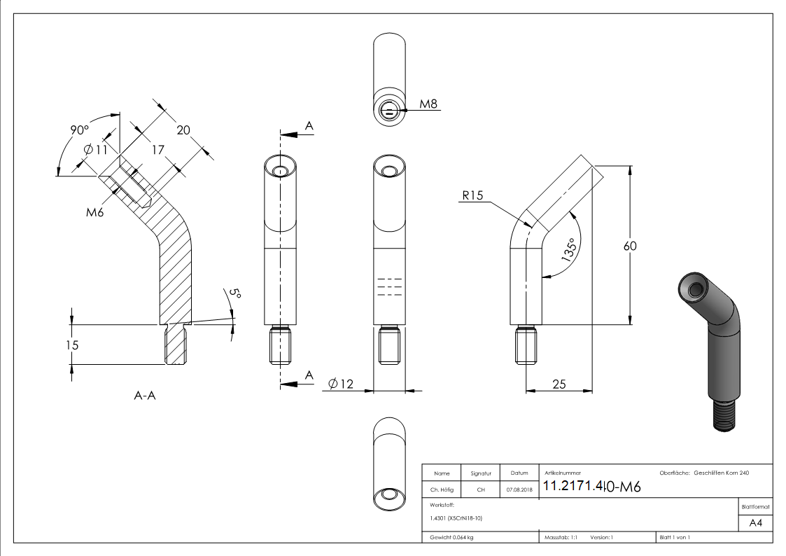 Stift Maße: 60x12 mm 135° gebogen mit Außen - und Innengewinde V2A