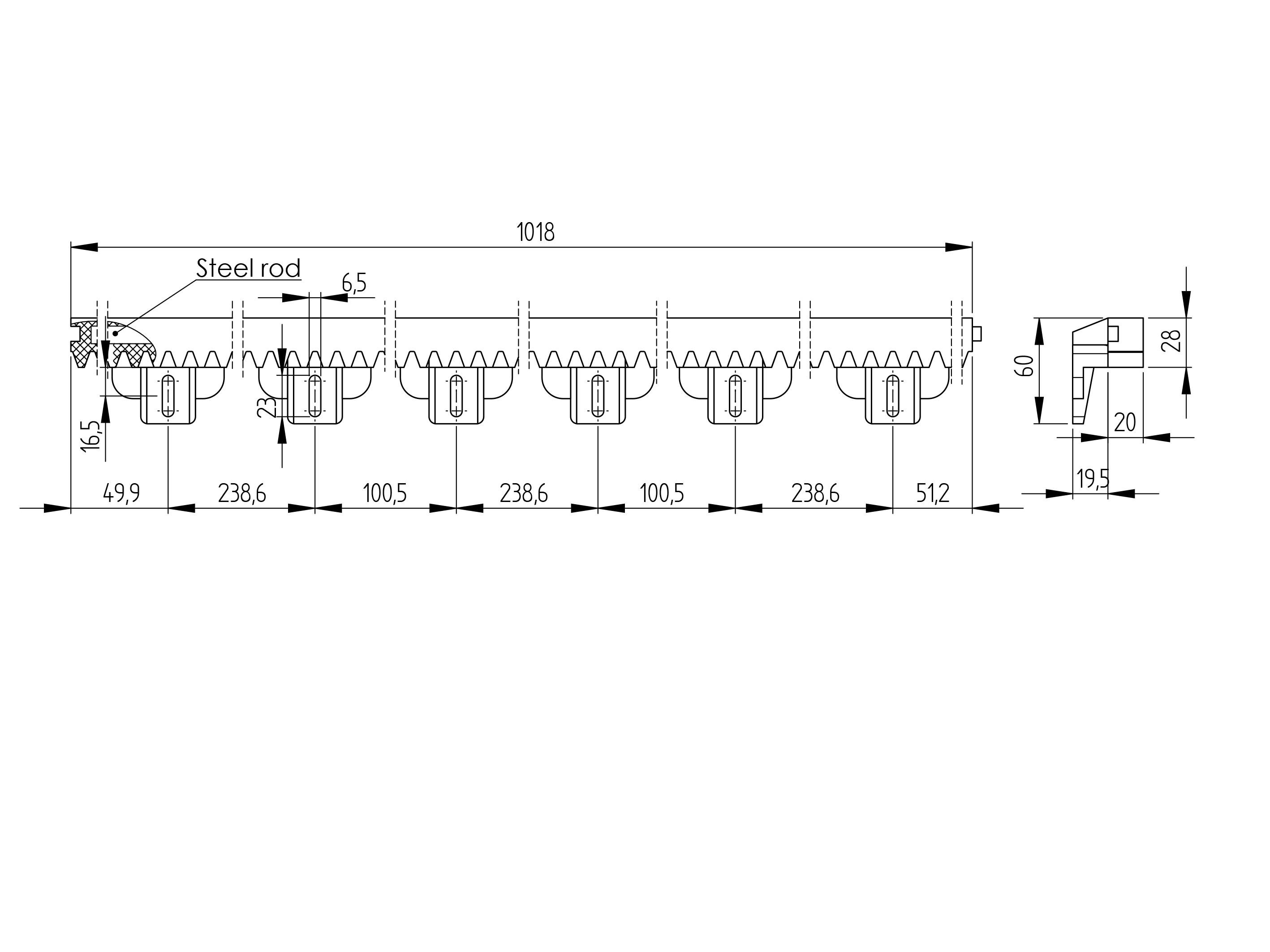 Zahnstange Modul 4 Kunststoff mit Stahlkern 27 x 20 mm fuer Tore bis 1200 kg-89-11H01PVCS-A.4