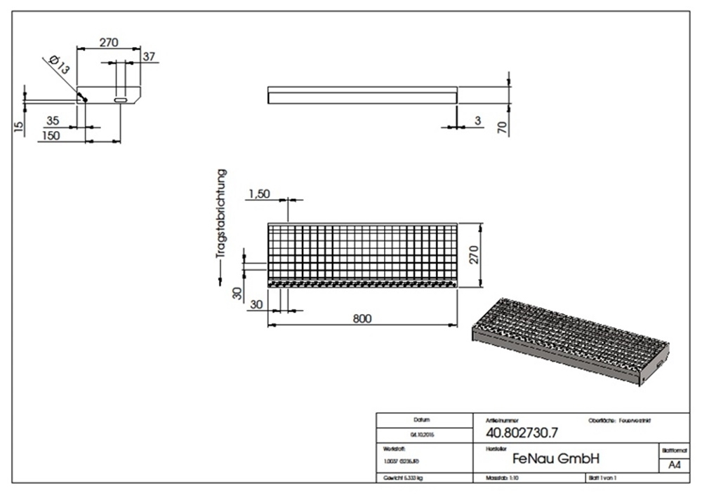 Gitterroststufe Treppenstufe | Maße: 800x270 mm 30/30 mm | S235JR (St37-2), im Vollbad feuerverzinkt