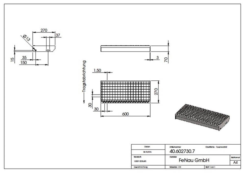 Gitterroststufe Treppenstufe | Maße: 600x270 mm 30/30 mm | S235JR (St37-2), im Vollbad feuerverzinkt