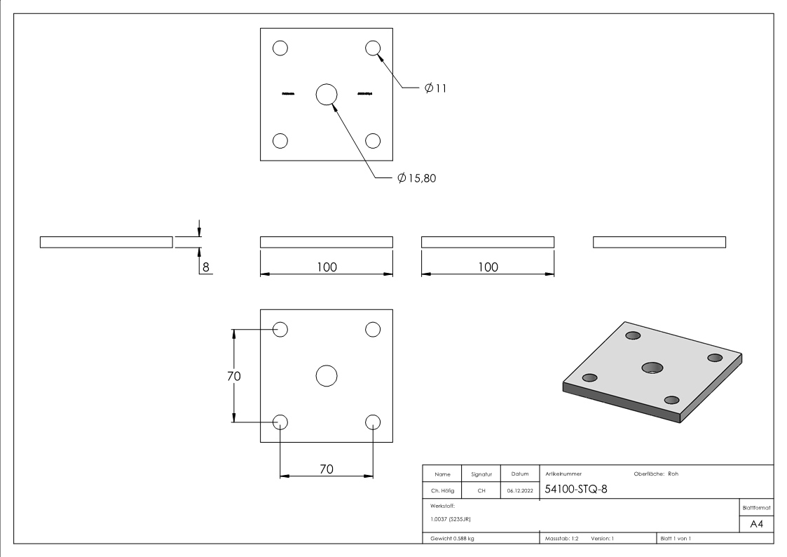 Ankerplatte | Maße: 100x100x8 mm | Stahl (Roh) S235JR