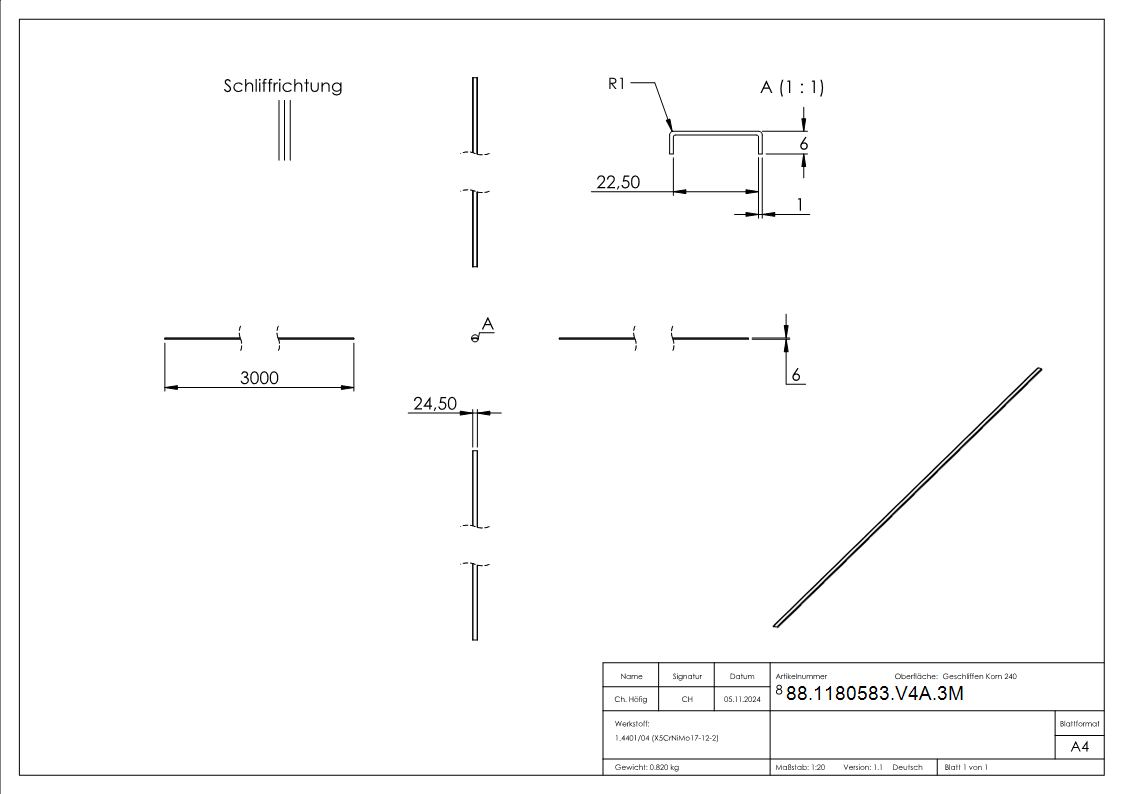 Kantenschutz EXTRA SLIM Edelstahl V4A fuer Glas 20-00–21-52 mm L = 3000 mm geschliffen K240-88-1180583-V4A.3M