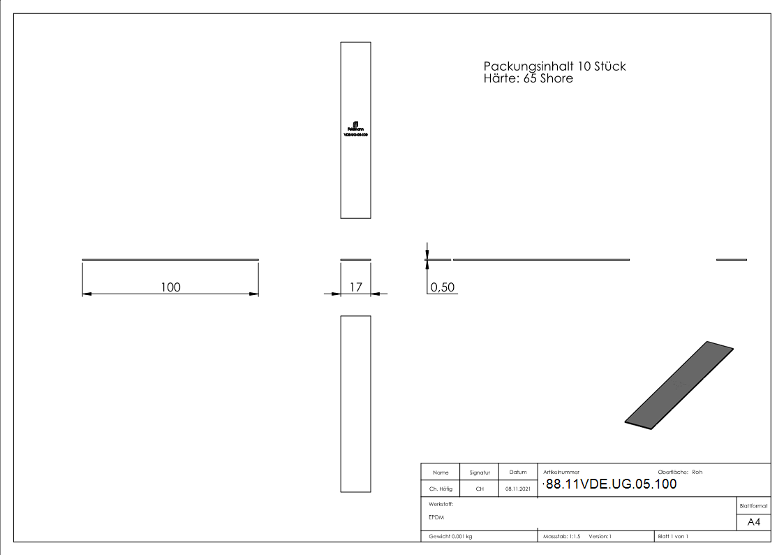 Unterleggummi 100x17x0-5mm fuer eleganza canopy- 10 Stueck-88-11VDE-UG-05.100