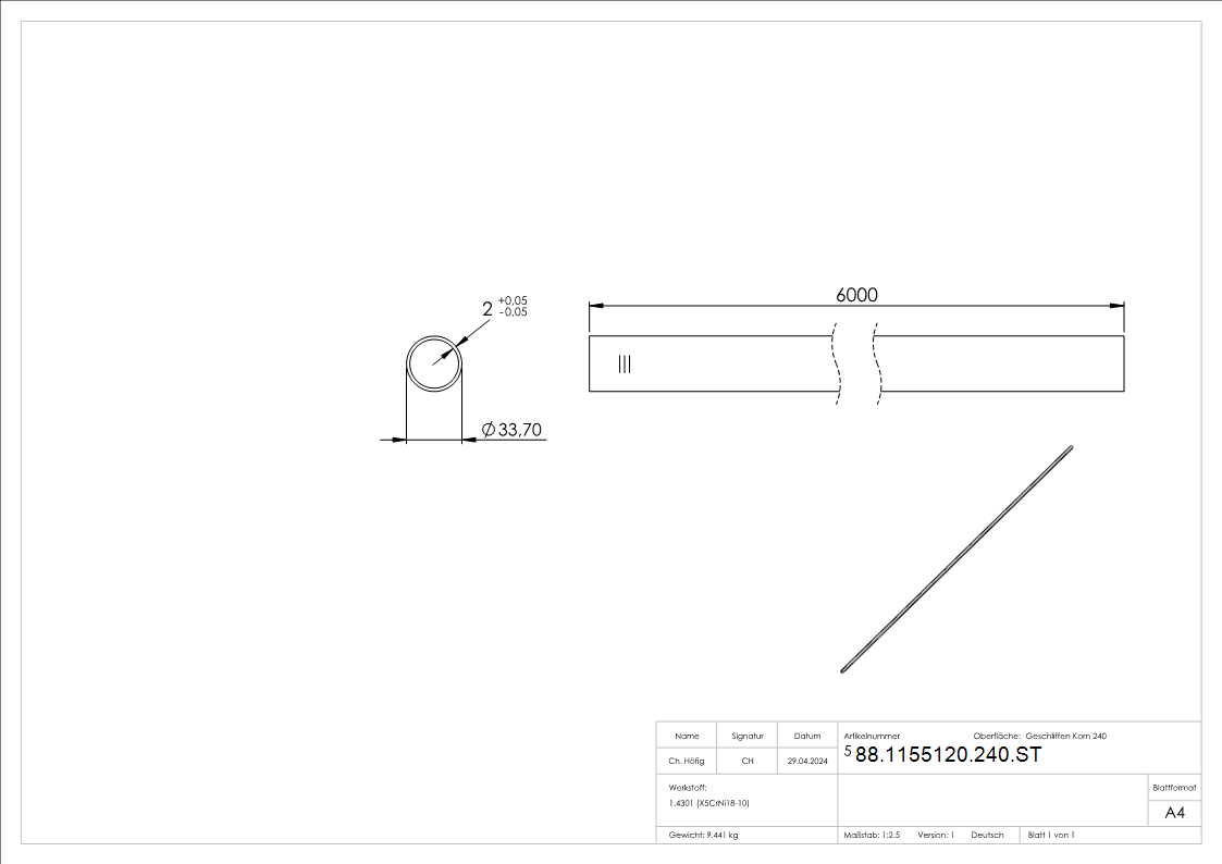 Edelstahlrohr- 33-7 x 2-0mm- L=6m- Korn 240 geschliffen- V2A Edelstahl-88-1155120-240.ST