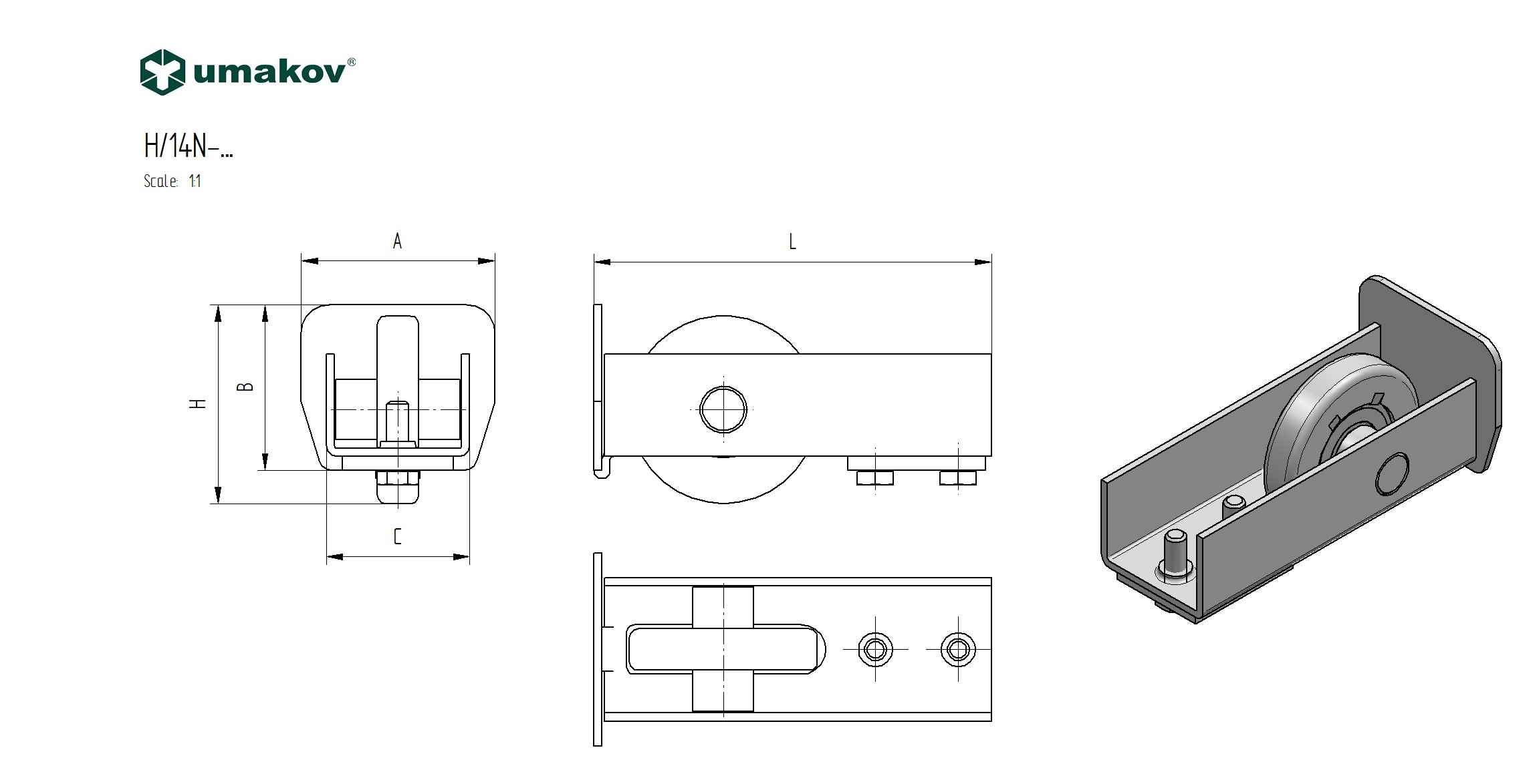 Fuehrungsrolle Stahl verzinkt fuer Profil 136 x 142 mm L=198 mm-89-11H14N136X142-A.4