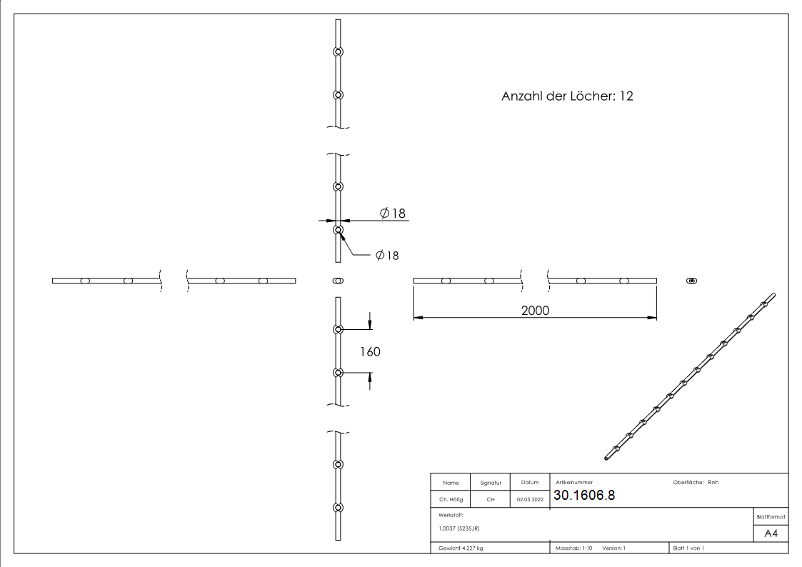 Lochleiste mit Rundloch Material- Ø 18 mm Laenge- 2000 mm Stahl -Roh- S235JR-30-1606.8