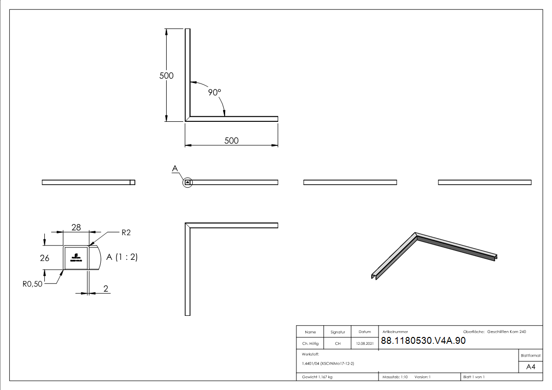Edelstahl-U-Profil 90° Ecke, 500 x 500mm, V4A