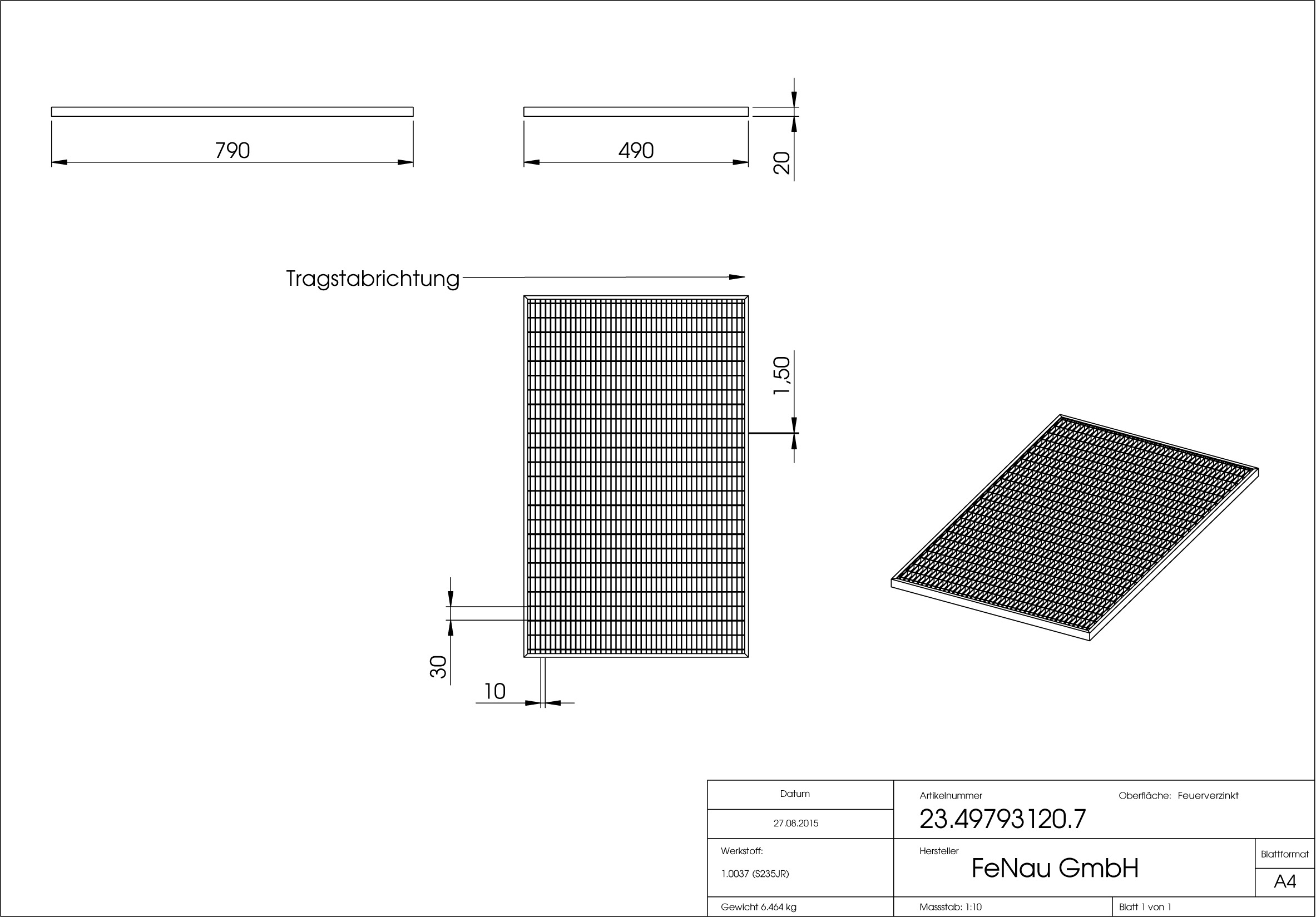 Lichtschachtrost Baunormrost | Maße:  490x790x20 mm 30/10 mm | aus S235JR (St37-2), im Vollbad feuerverzinkt