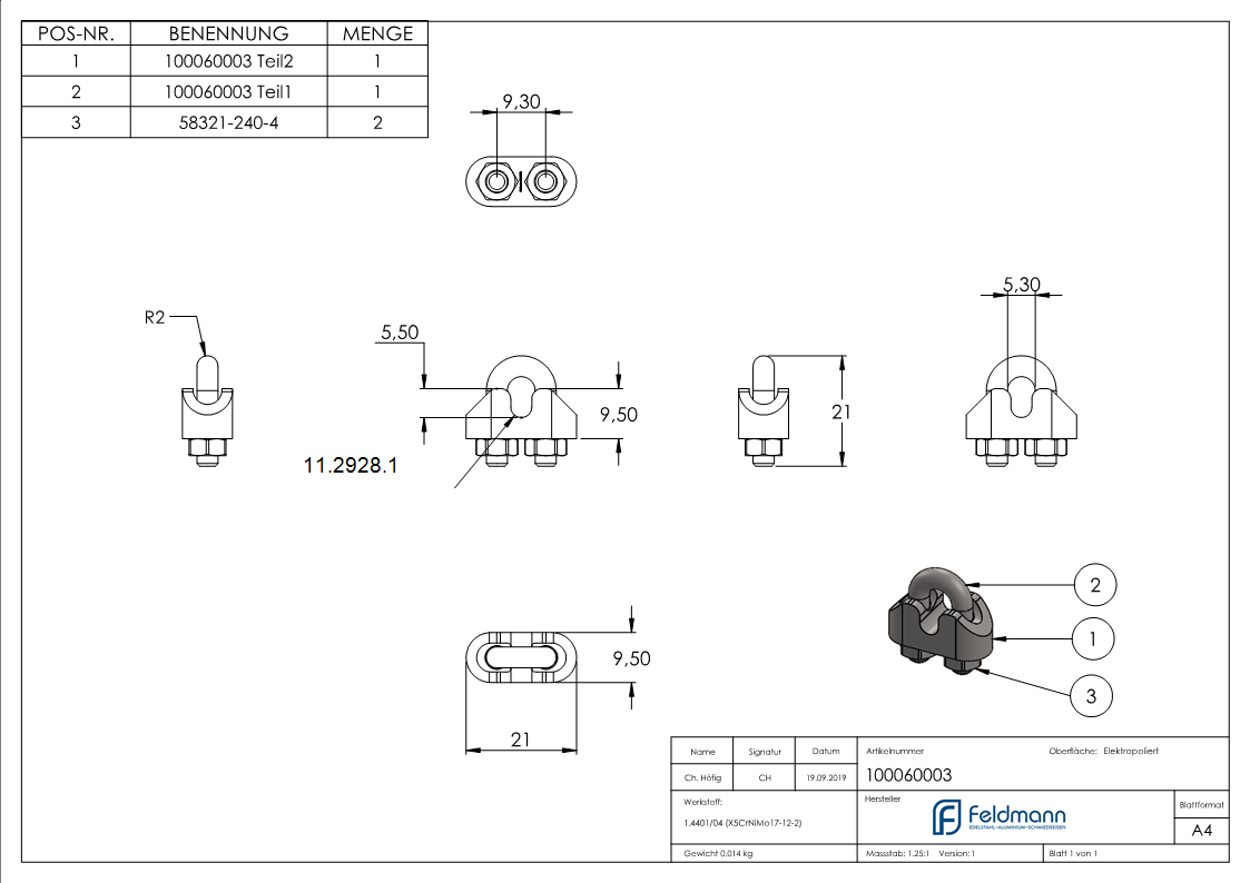 Drahtseilklemme | für Seil Ø: 3 mm | Gewinde: M4 | V4A