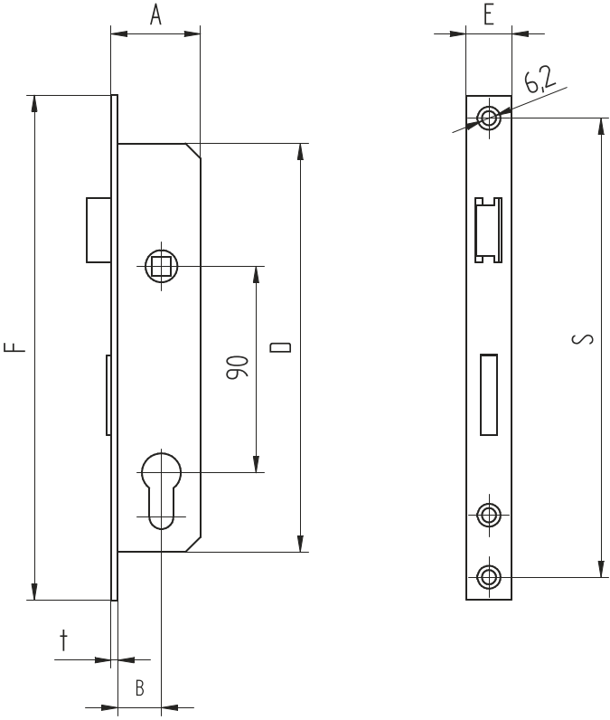 Einsteckschloss Stahl fuer Profil 40x40 mm Axialabstand 90 mm Verzinkt-89-11B13025X90-A.4