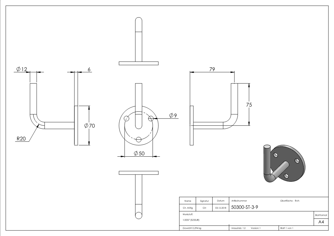 Handlaufhalter | mit Ronde 70x6 mm | zum Anschweißen | Stahl S235JR, roh
