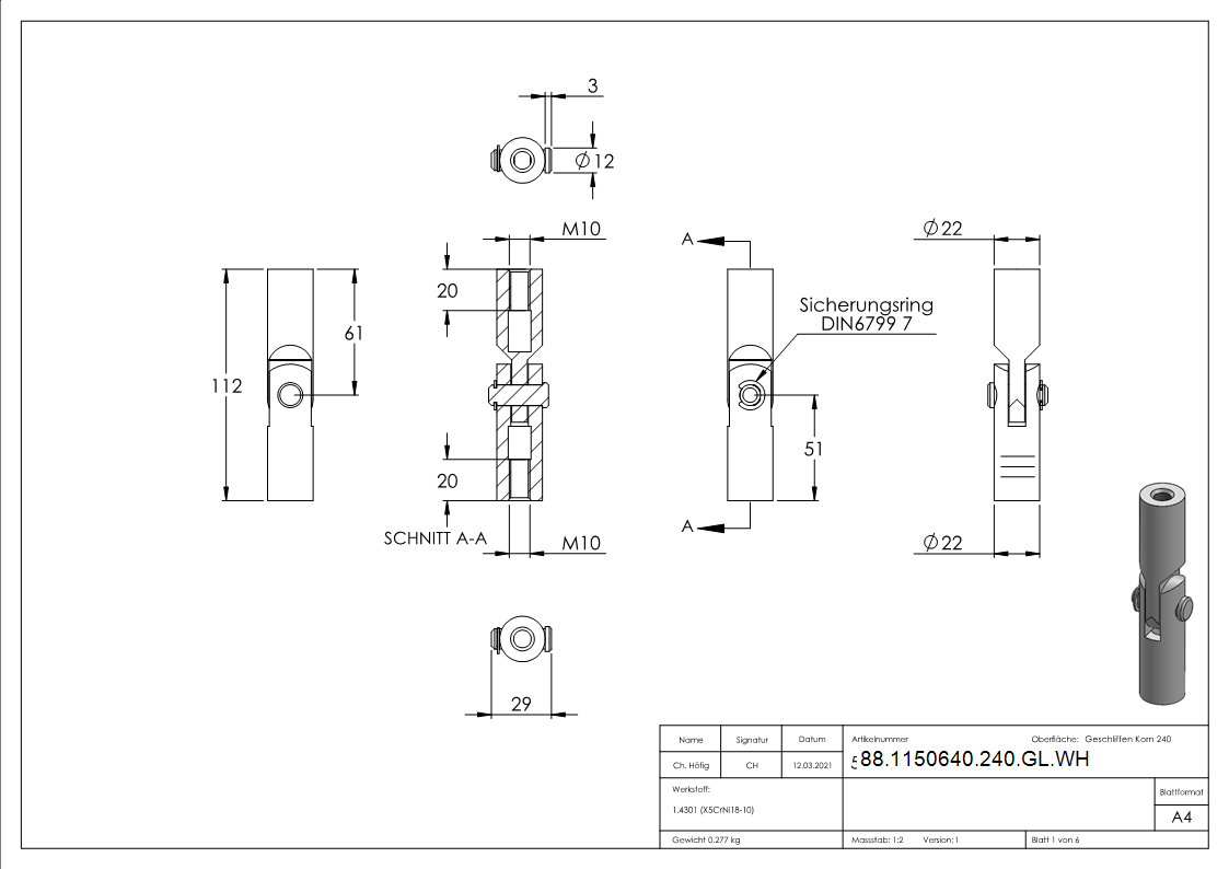 Gelenk zu Wandhalter Edelstahl V2A 2x M10 Gewinde geschliffen Korn 240-88-1150640-240-GL.WH