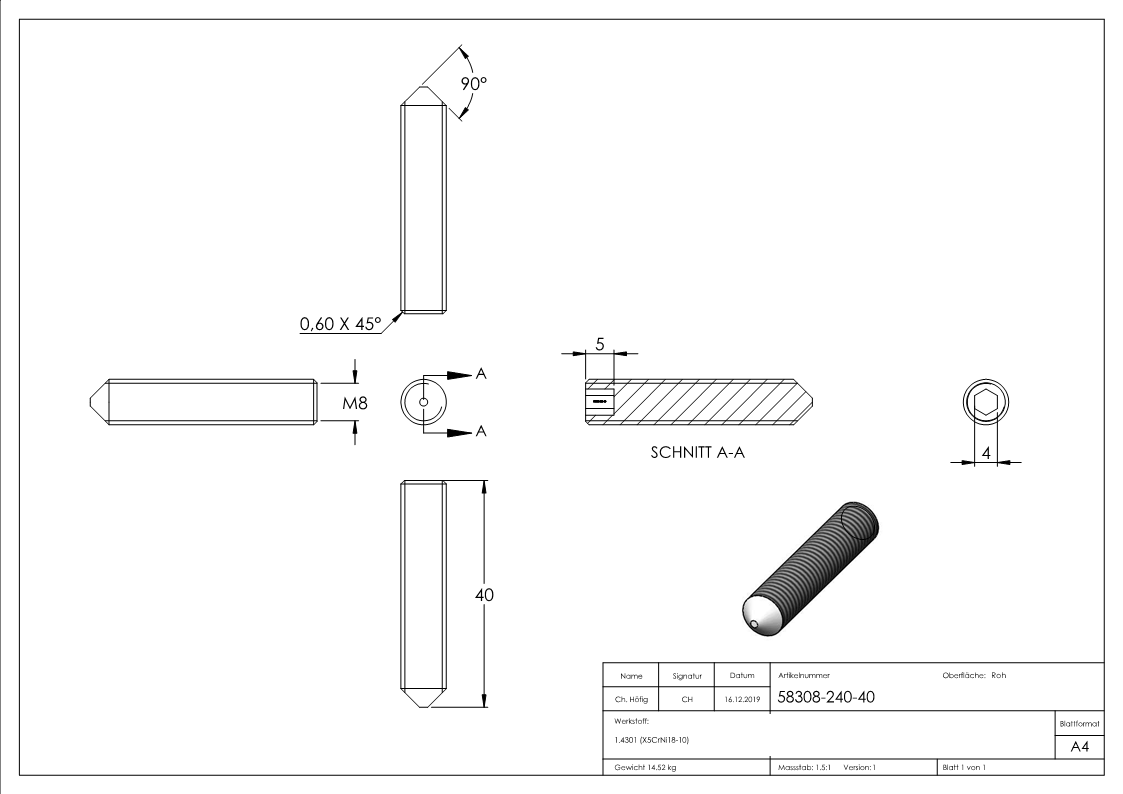 Gewindestift M8 x 40, A2, DIN 914 / ISO 4027