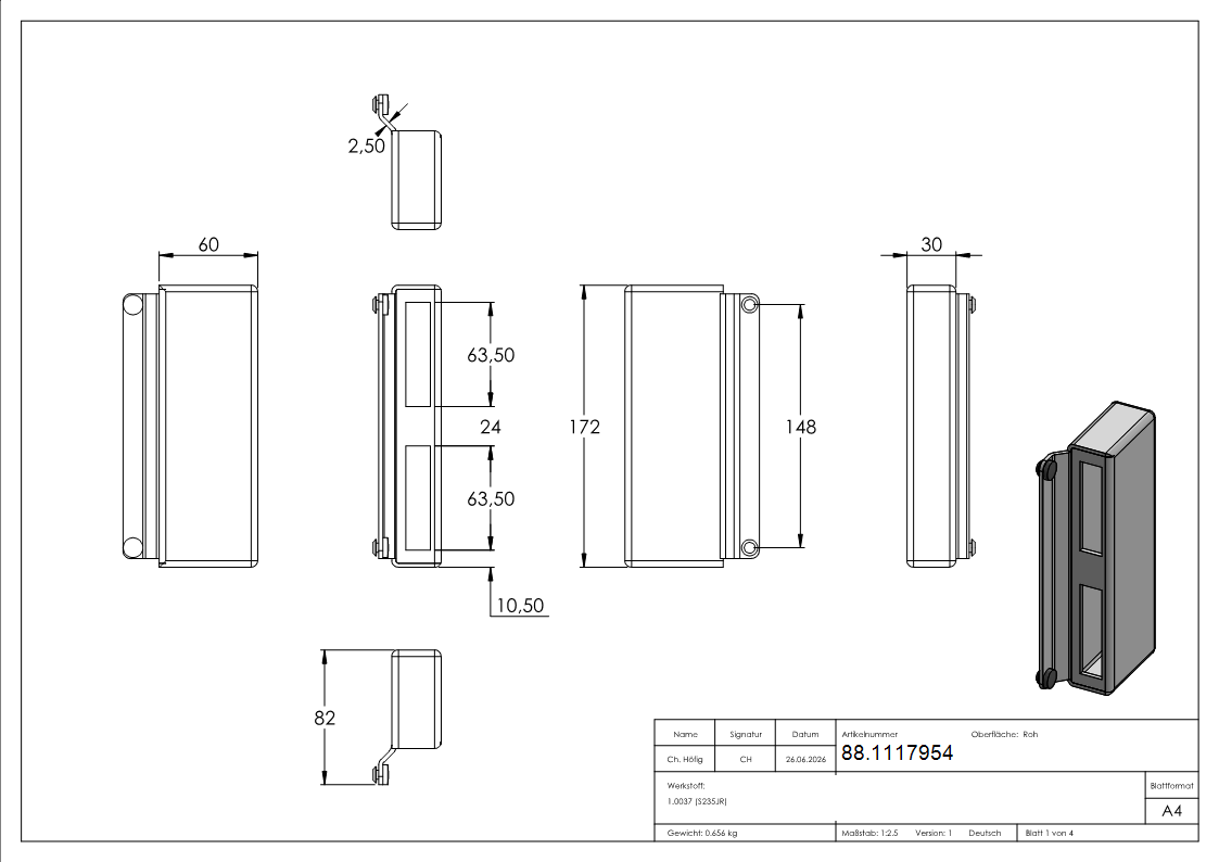 Gegenkasten Stahl 30 x 60 x 173 mm fuer mechanische Schloesser-88.1117954