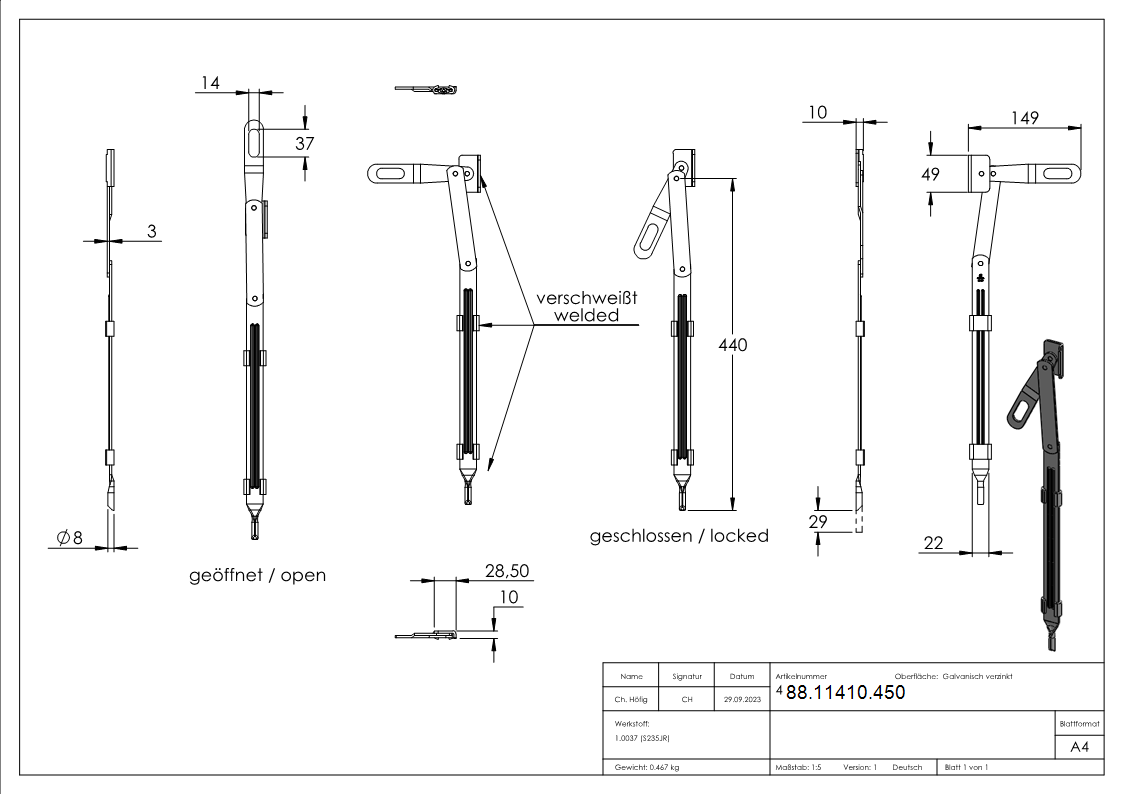 Torriegel zum Anschweißen, Länge 450mm, verzinkt