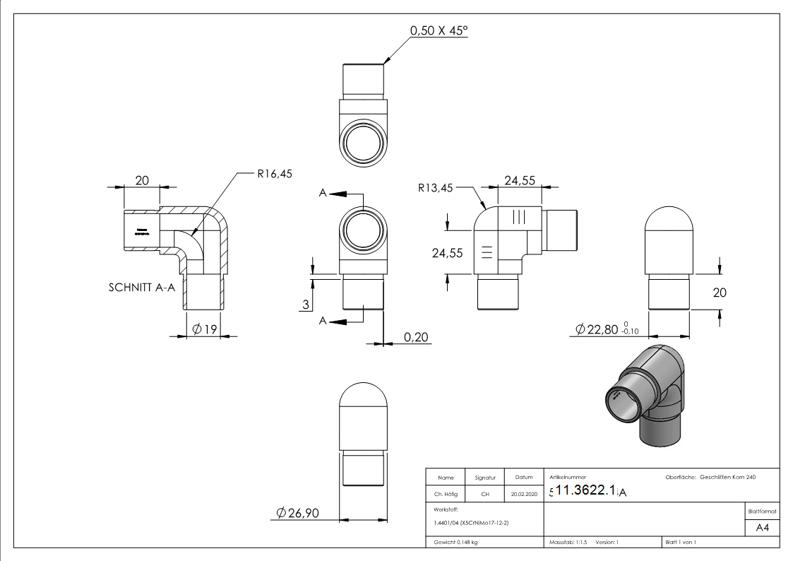 Eckbogen 90° eng, für Rundrohr Ø 26,9x2,0 mm V4A