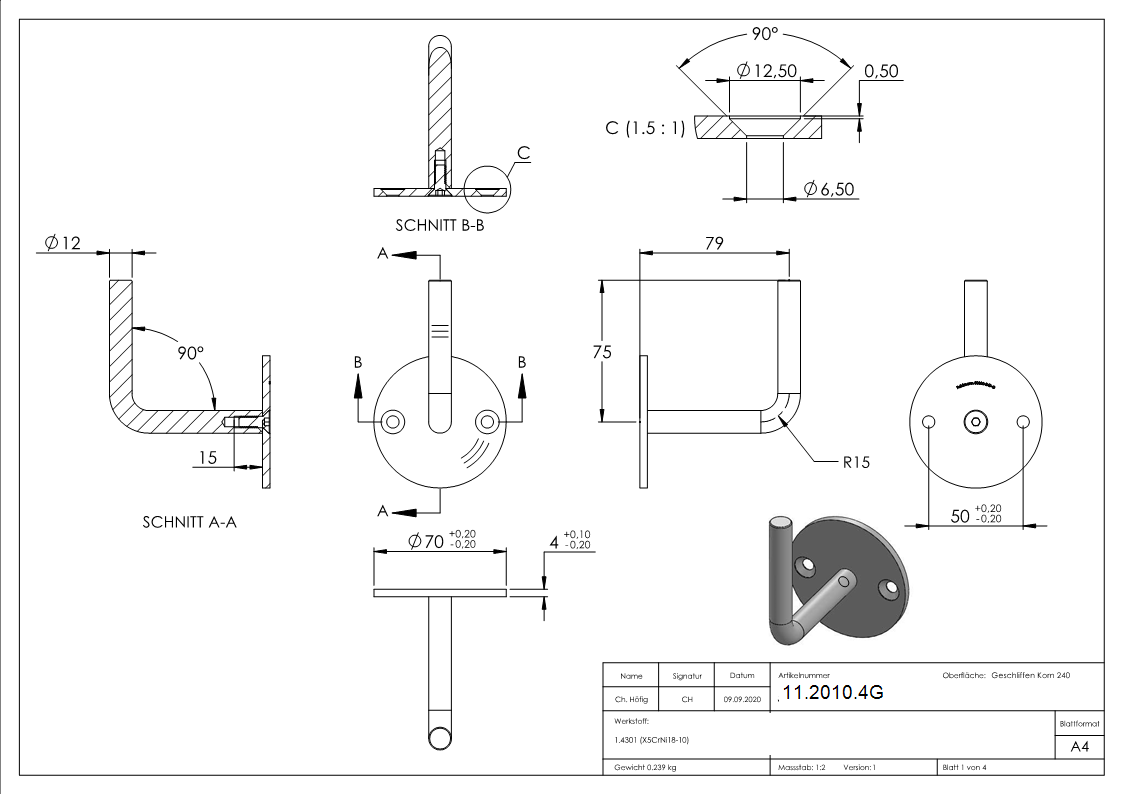 Handlaufhalter V2A mit Ronde 70x4 mm zum Anschweißen