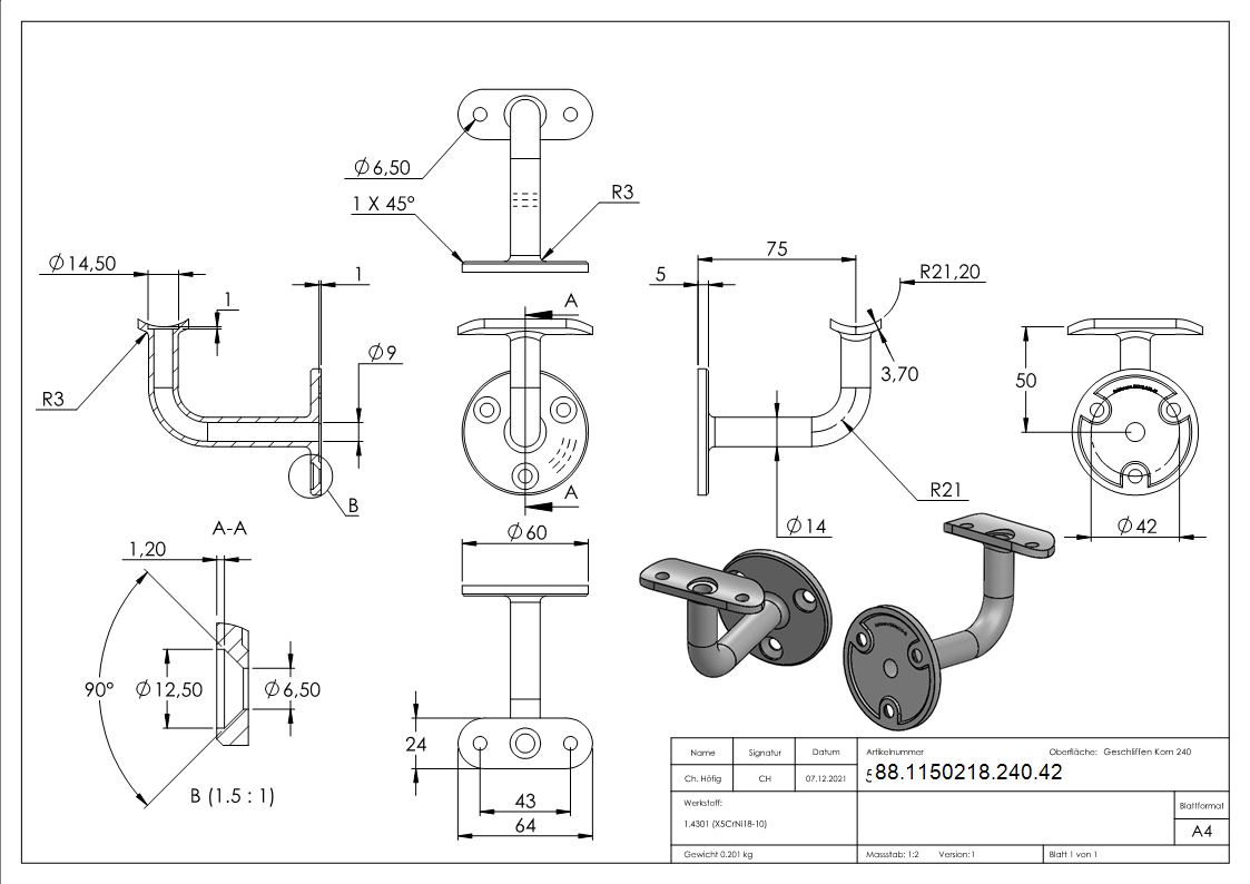 Handlaufhalter V2A fuer Rohr 42-4 mm- Ronde 60x5 mm- Wandabstand 75 mm- mit Kabeldurchfuehrung-88-1150218-240.42