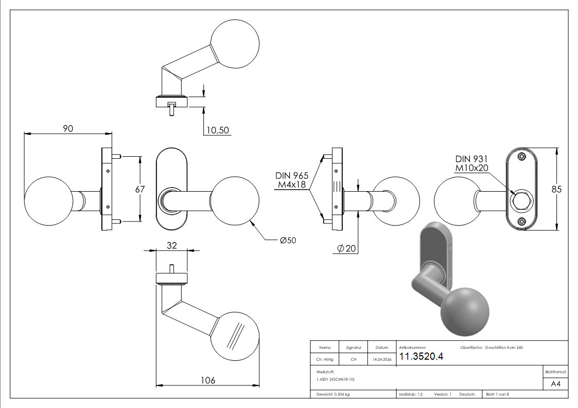 Tuerdruecker gekroepft mit Kugel Ø 50 mm feststehen V-11-3520.4