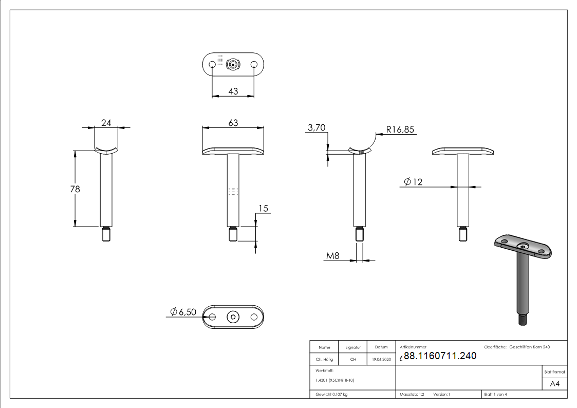 Stift mit Handlaufanschlussplatte Edelstahl V2A Ø 12 mm fuer Rohr Ø 33-7 mm H 78 mm-88-1160711.240