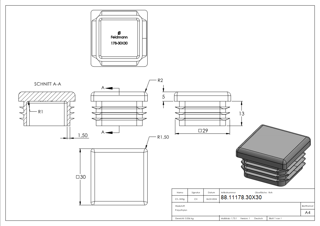 Kunststoffkappe für Quadratrohr 30x30mm