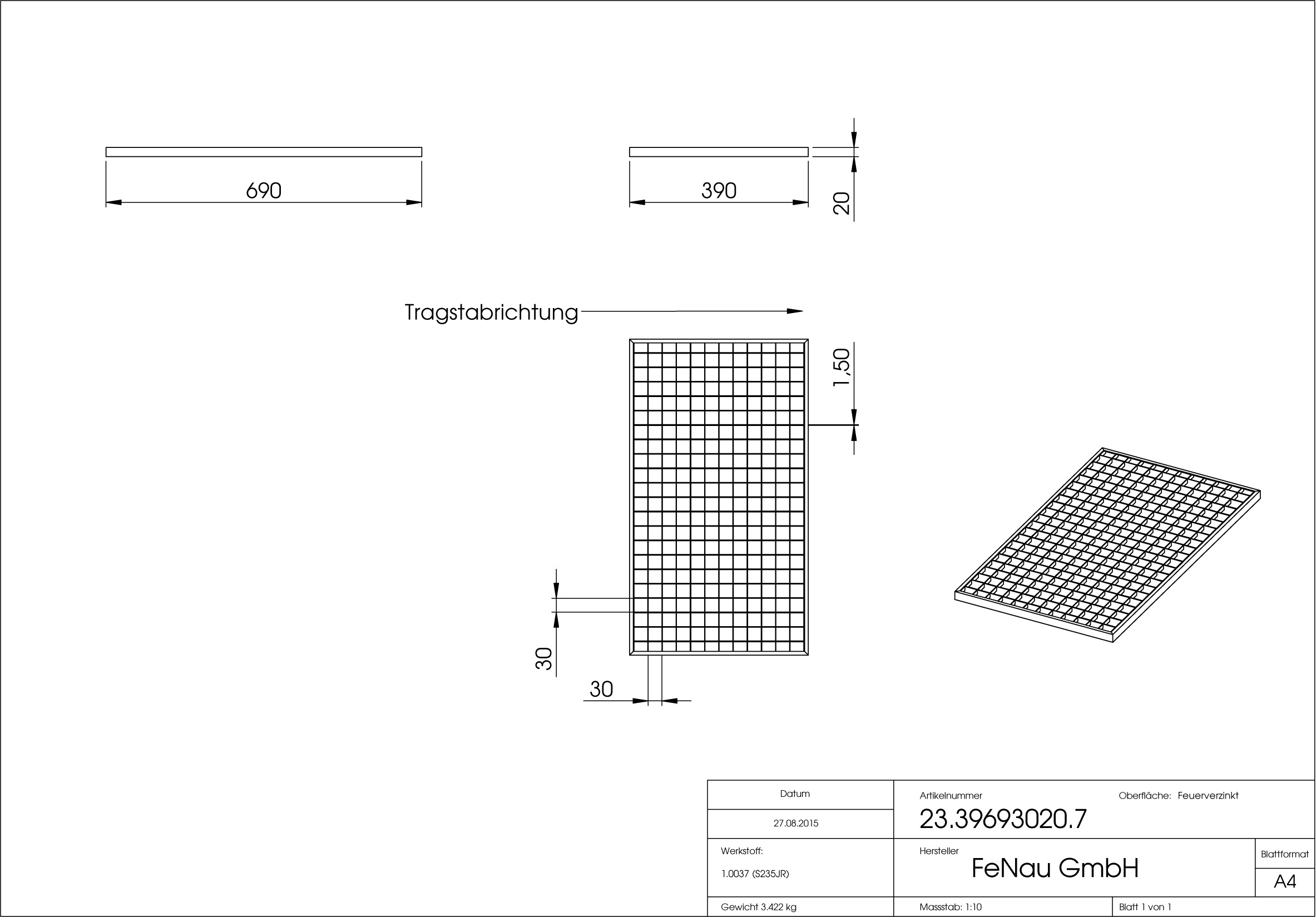 Lichtschachtrost Baunormrost | Maße:  390x690x20 mm 30/30 mm | aus S235JR (St37-2), im Vollbad feuerverzinkt