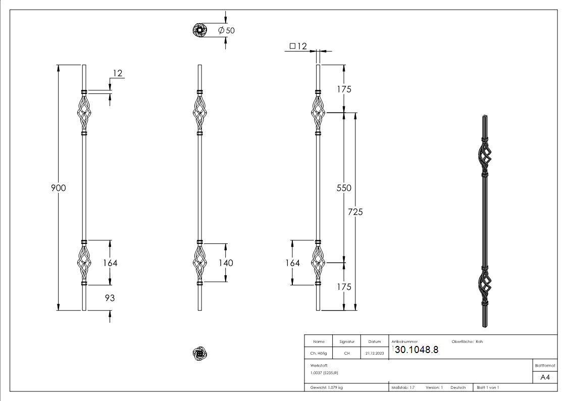 Zierstab | Länge: 900 mm | Material: 12x12 mm | glatt | Stahl (Roh) S235JR