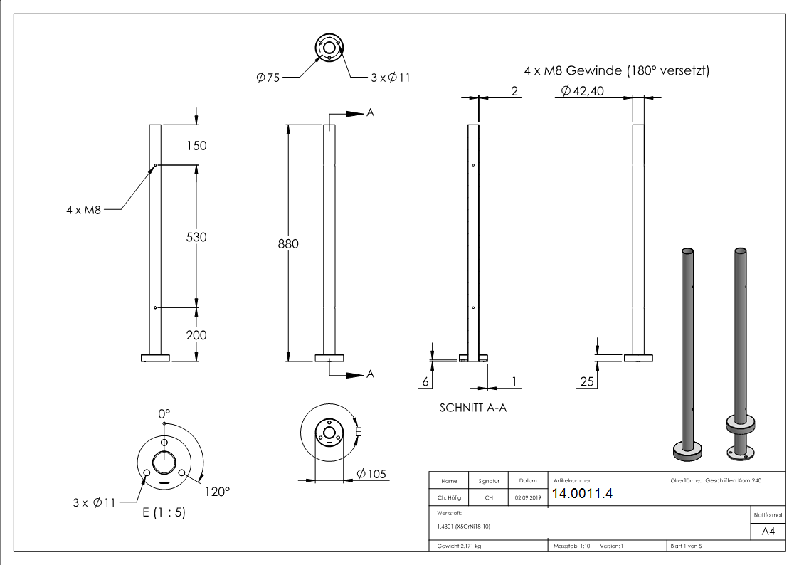 Gelaenderpfosten - fuer 4 Glasklemmen M8 - 180° versetzt - Laenge- 880 mm - V2A-14-0011.4