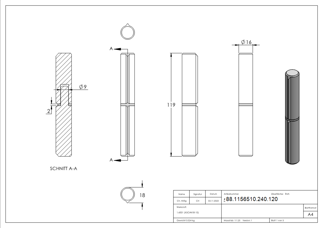 Anschweissband Edelstahl V2A L = 120 mm Ø 16 mm Bolzen Ø 9 mm geschliffen Korn 240-88-1156510-240.120