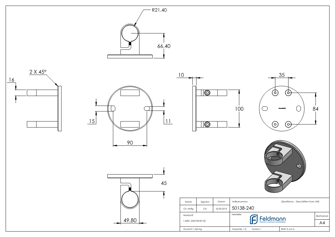 Geländerpfosten | seitliche Montage | für 6 Querstabhalter M6 | Länge: 1190 mm | V2A