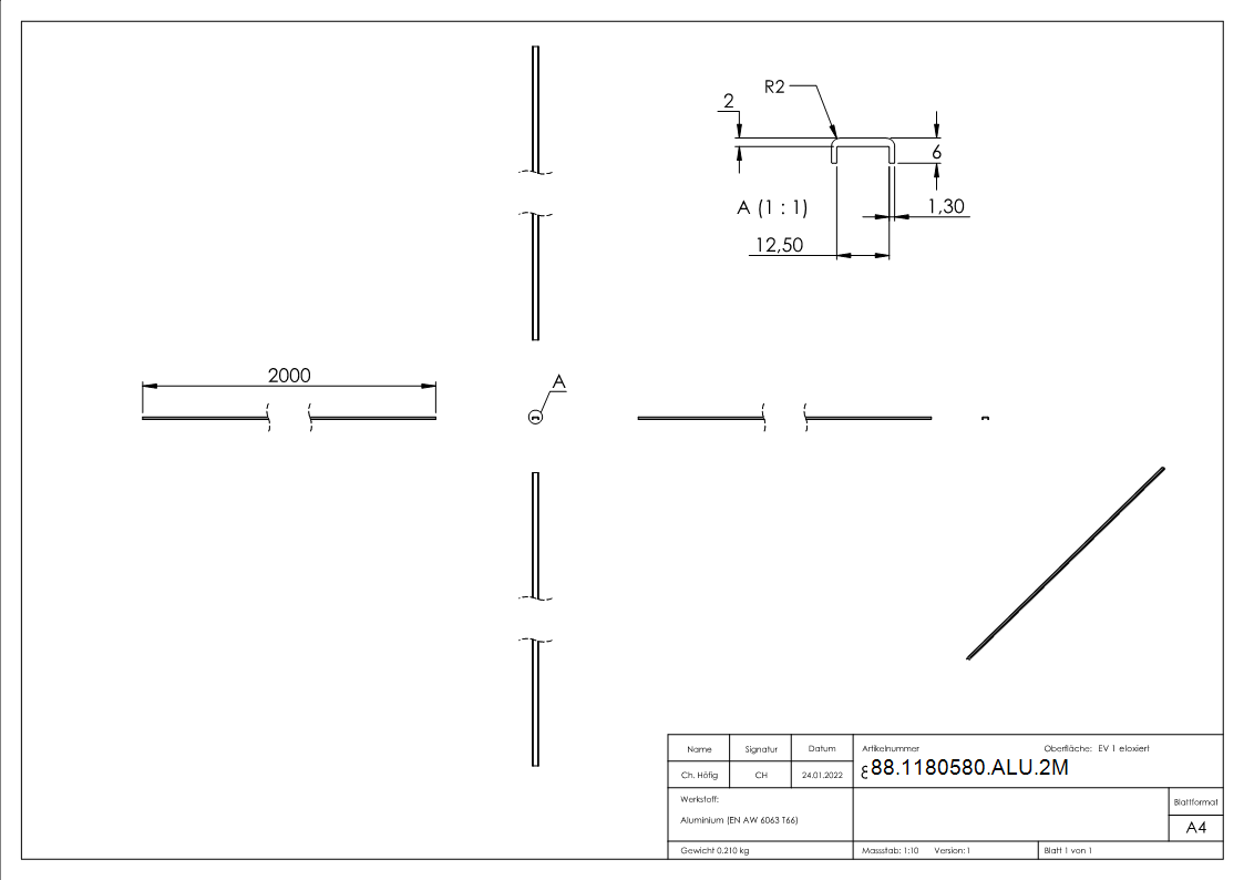 Kantenschutz EXTRA SLIM, für Glas 10,00 - 11,52mm, L=2m, Aluminium E4/EV1