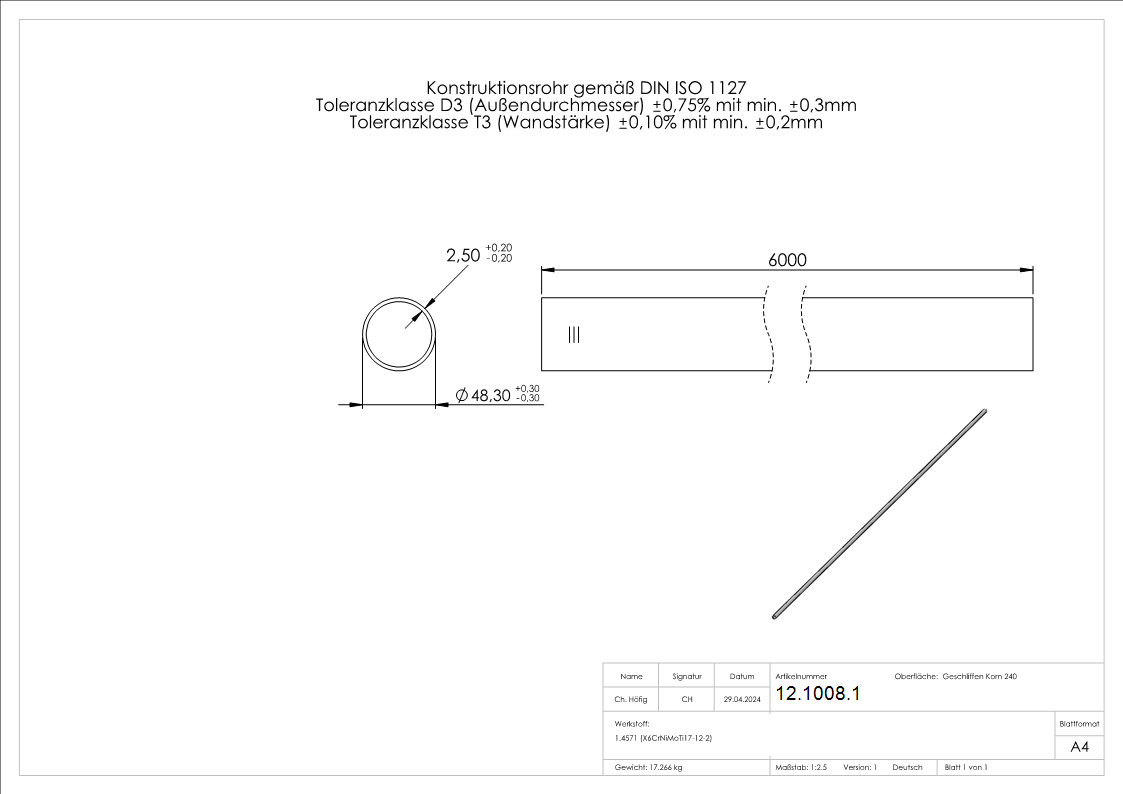 Rundrohr Ø 48,3 x 2,6 mm á 6 m Edelstahl