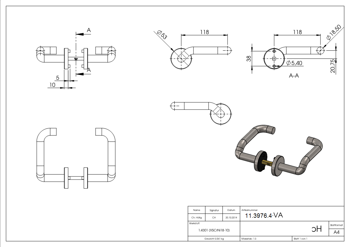 Türdrückerpaar V2A inkl. 8 mm Drückerstift Modell CHOPPER