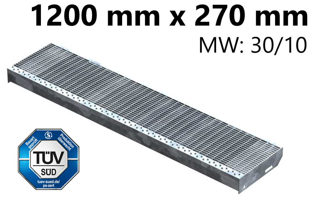 Gitterroststufe Treppenstufe Maße: 1200x270 mm 30/10 mm S235JR (St37-2), im Vollbad feuerverzinkt
