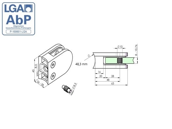 Glasklemme 63x45x28 mm V2A für Anschluss Ø 48,3 MM | Gummi 10,76 mm Glas
