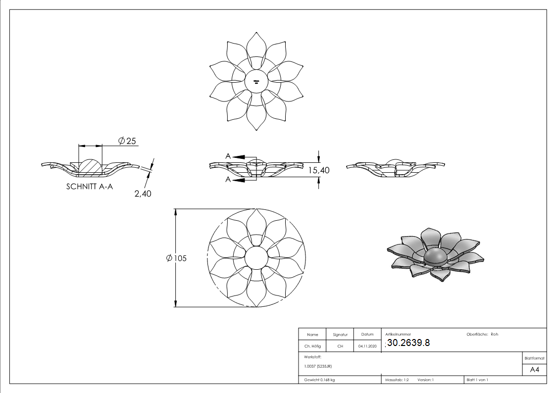 Rosette / Zierteil | Blume ohne Stiel Ø 110x5 mm | Stahl (Roh) S235JR