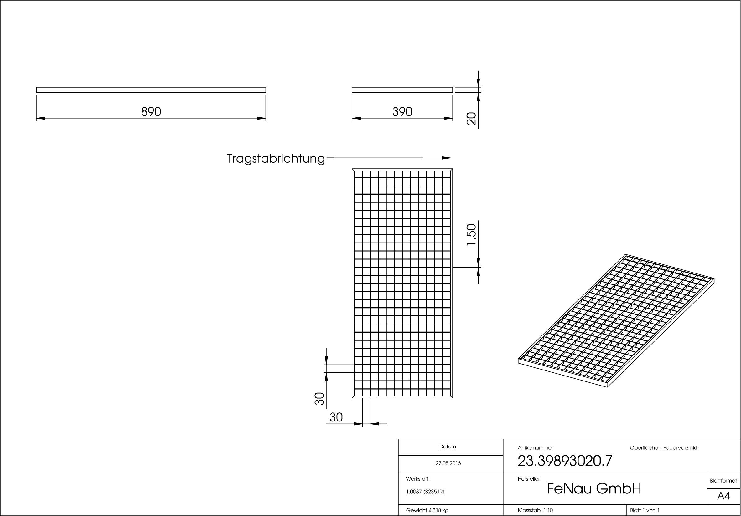 Lichtschachtrost Baunormrost | Maße:  390x890x20 mm 30/30 mm | aus S235JR (St37-2), im Vollbad feuerverzinkt