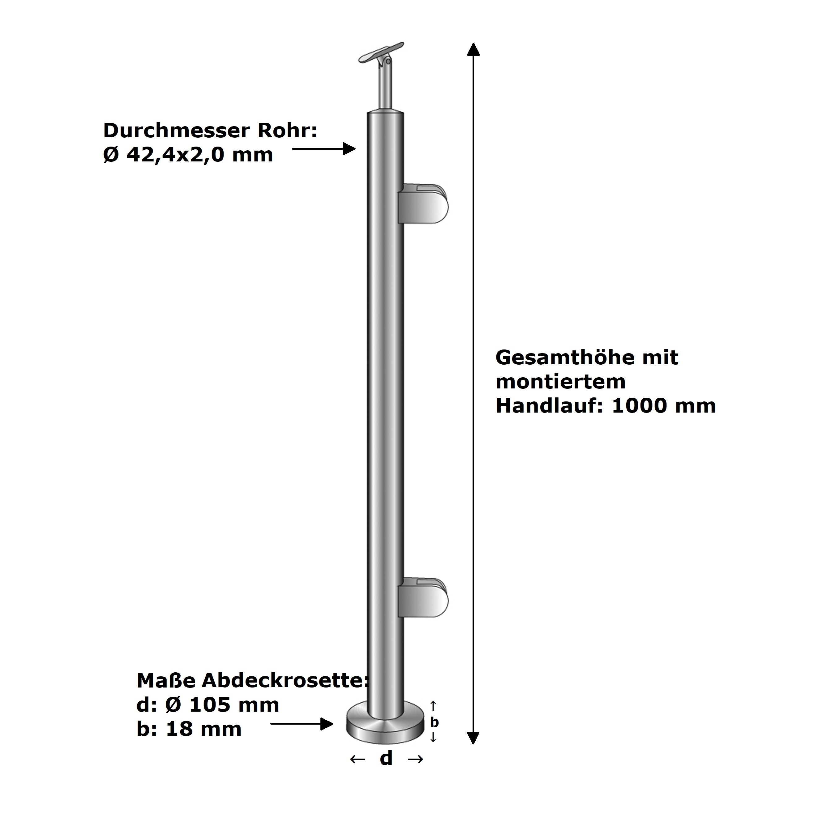Gelaenderpfosten - Endpfosten rechts - Laenge- 1000 mm - fuer aufgesetzte Montage - V2A-14-0041RG-A.4