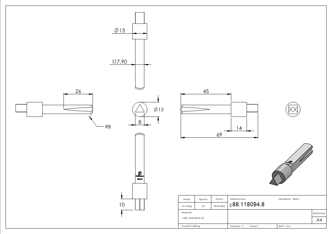 Spezialstift mit Dreikant 8mm - AMF Artikel- 16618-88-118094.8