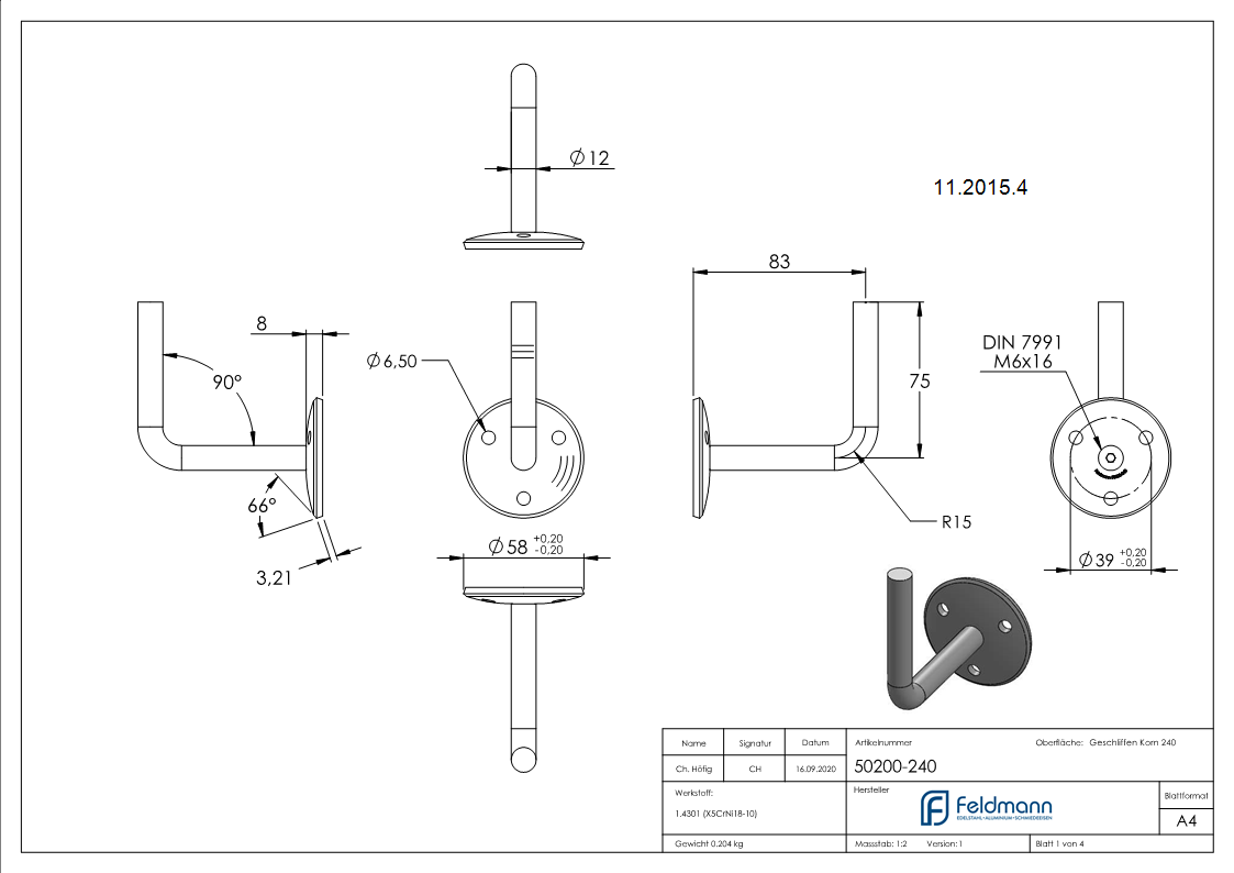 Handlaufhalter mit Ronde 58x4 mm zum Anschweißen V2A