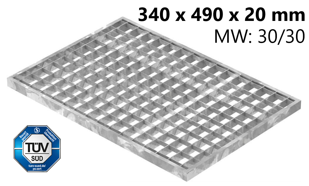 Lichtschachtrost Baunormrost | Maße:  340x490x20 mm 30/30 mm | aus S235JR (St37-2), im Vollbad feuerverzinkt