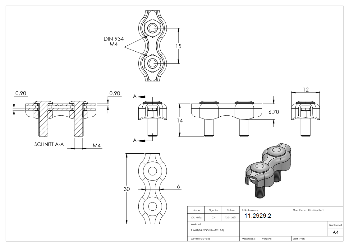 Duplexklemme - fuer Seil Ø 2 mm - V4A-11-2929.2