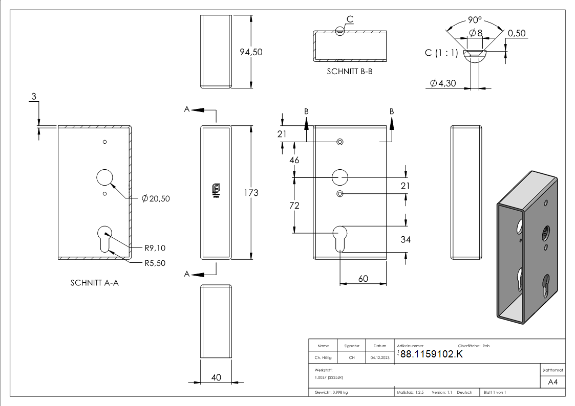 Schlosskasten Stahl 40 x 94-5 x 173 mm roh-88-1159102.K