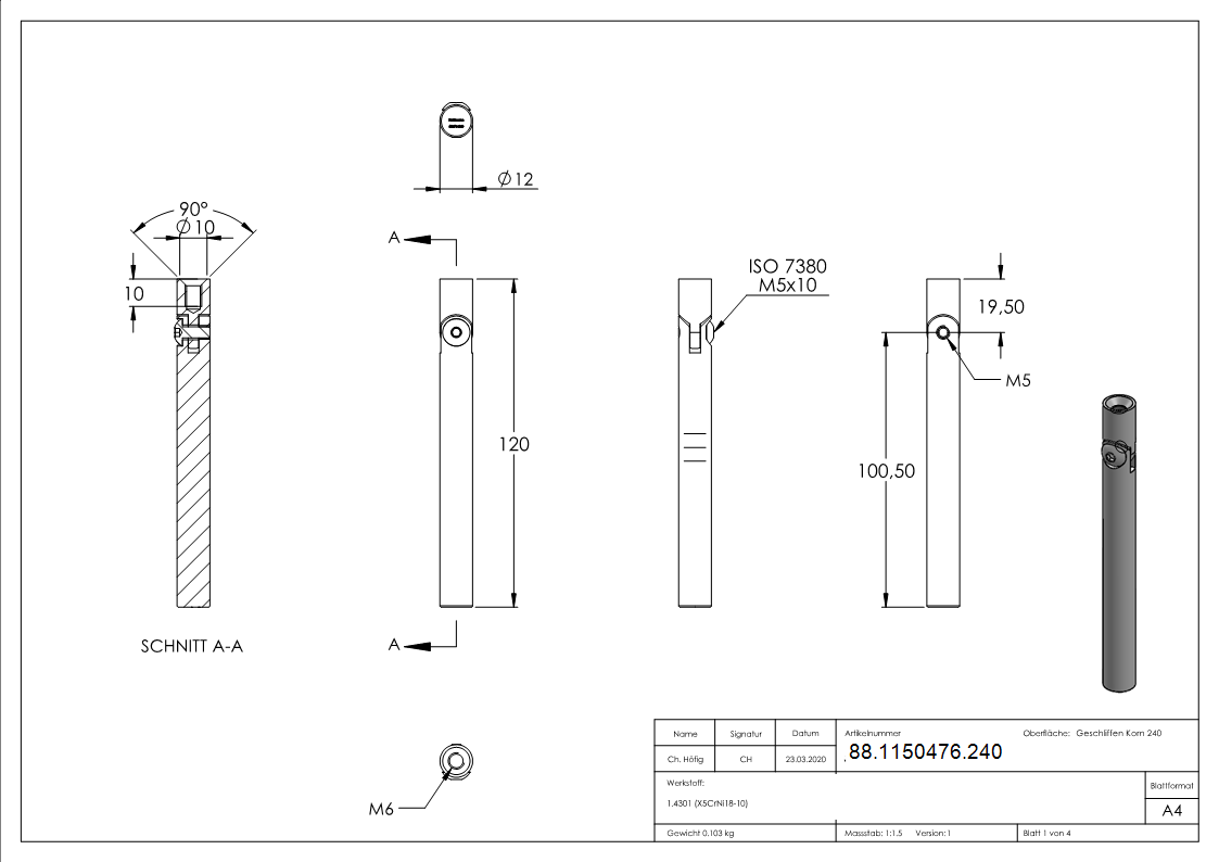 Stift Ø 12mm, Länge: 120mm, mit Innengewinde, V2A