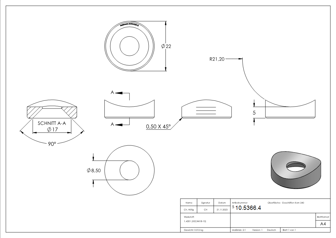 Ausgleichsstück Ø 20 mm für Rundrohr  Ø 42,4 mm mit Senkbohrung 8,5 mm V2A
