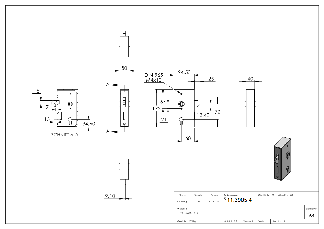 Schiebetorschlosskasten 40x94-5x173 mm V2A - AMF Artikel- 13649-11-3905.4