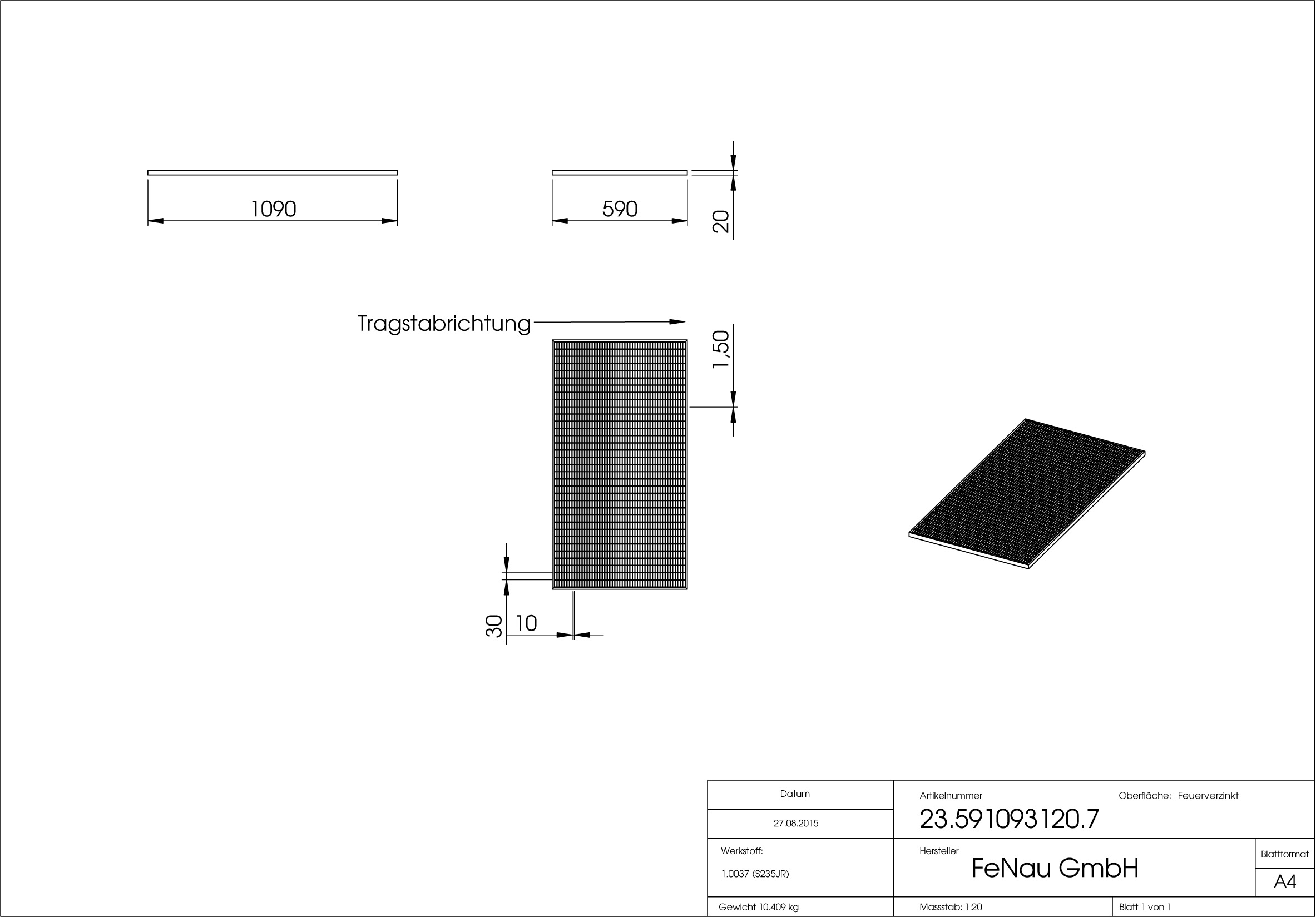 Lichtschachtrost Baunormrost | Maße:  590x1090x20 mm 30/10 mm | aus S235JR (St37-2), im Vollbad feuerverzinkt