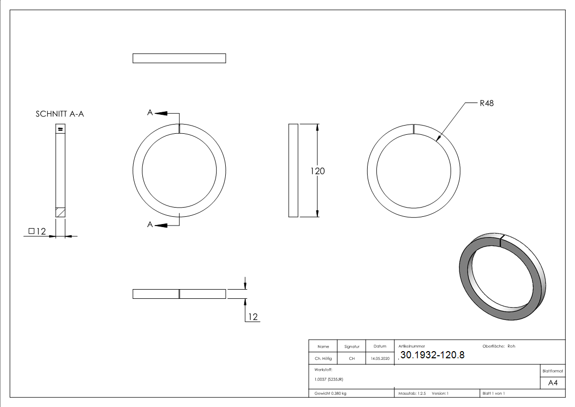 Ring | Material: 12x12 mm | Außen-Ø 120 mm | Stahl S235JR, roh