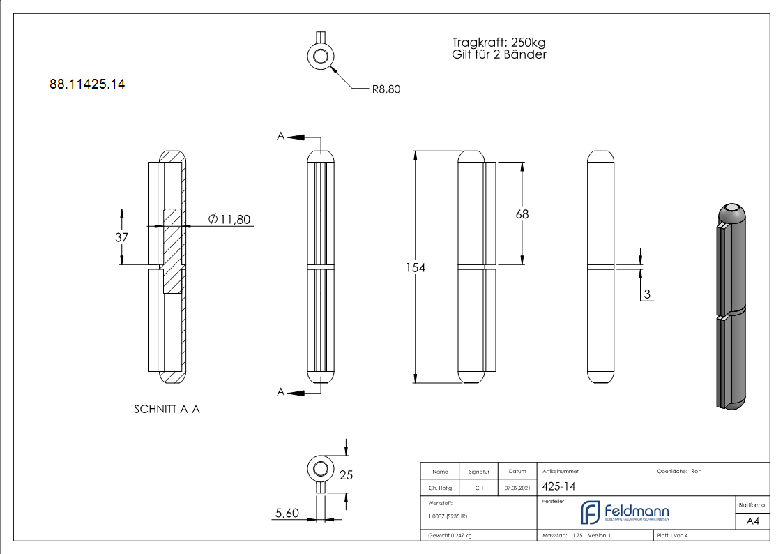 Anschweissband Stahl 2-teilig fester Zapfen Tragkraft 250 kg-88-11425.14