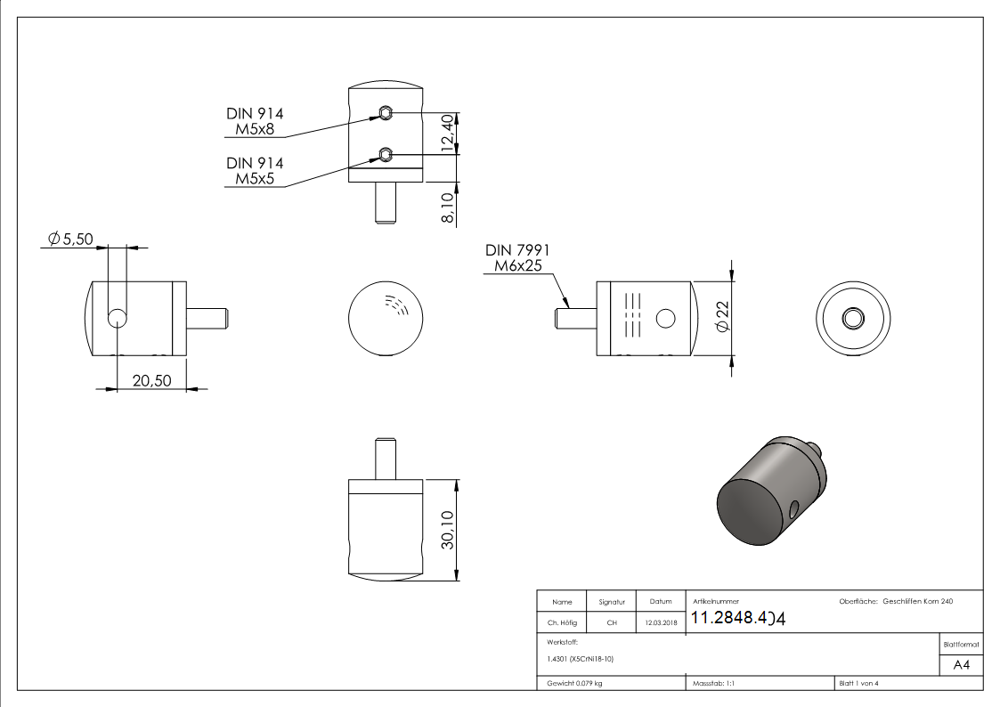 Seilhalter fuer Zwischenpfosten - Fuer Seil Ø 4 mm - Anschluss flach - V2A-11-2848.4